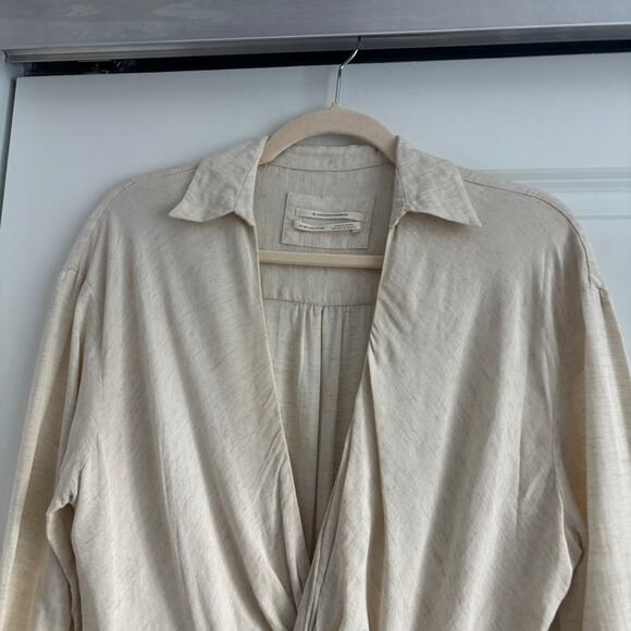 By Anthropologie V-Neck Knot Front Linen Midi Dress 6P Cream Minimalist Neutral - Picture 8 of 13